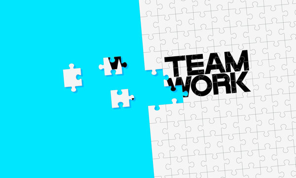 Business concept. Jigsaw puzzle of word teamwork. It reflects having the right elements in a work, like the pieces of a puzzle needing to be in the right place to create perfect picture. Illustration.
