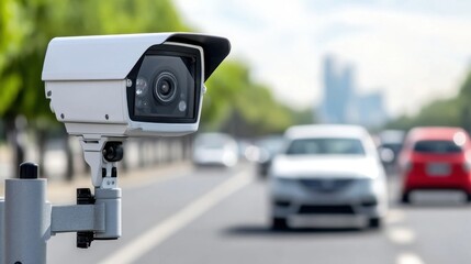 Surveillance Camera Monitoring Traffic on Urban Road with Vehicles in Background Under Blue Sky and Green Trees