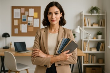 Trendy young businesswoman standing in front of home office studio, holding fabric samples and looking confidently at camera