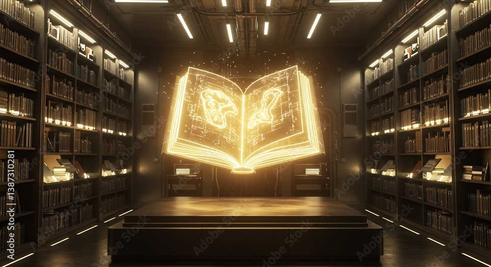 Poster illuminated book displayed in a futuristic library with bookshelves and glowing light panels showcas