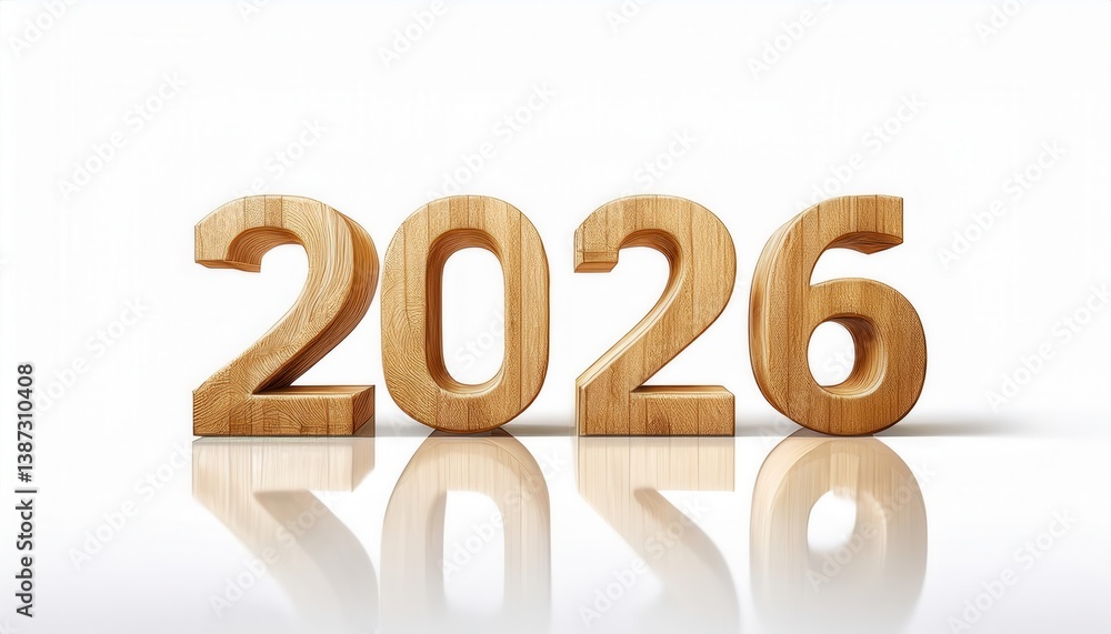 Poster  wooden 2026 number design with realistic texture and soft reflection on white background for new year branding visuals