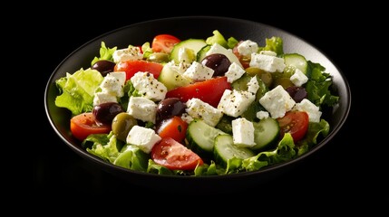 A fresh Greek salad with feta, olives, and cucumber. Featuring simplicity and flavor