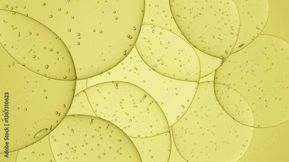 Aufkleber abstract 3d transparent liquid drops with tiny air bubbles inside on yellow background. flat organic