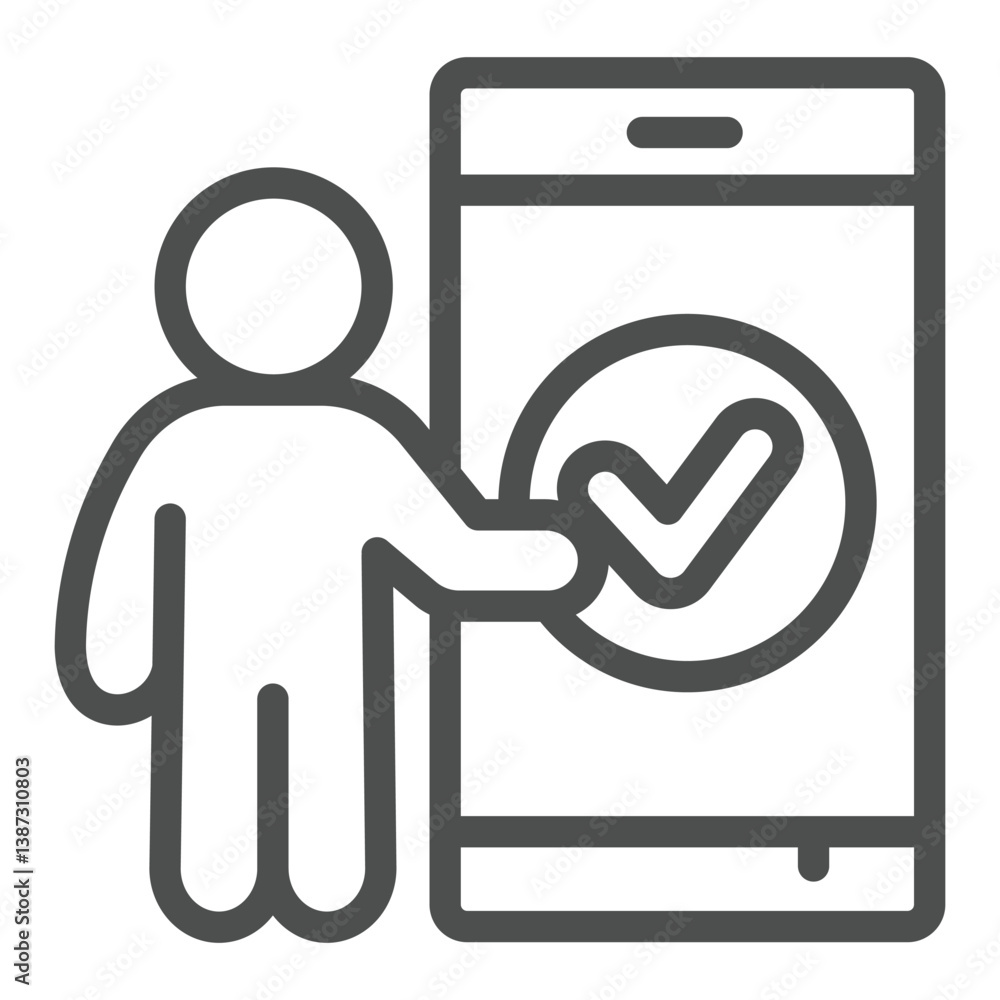 Poster man and smartphone with checkmark line icon, neural dataset concept. vector graphics. human with sma