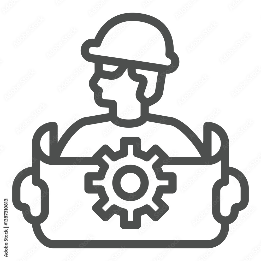 Poster engineer man with project and cogwheel line icon, neural dataset concept. vector graphics. developer