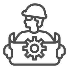 Engineer man with project and cogwheel line icon, neural dataset concept. Vector graphics. Developer and blueprint sign on white background, outline style icon for mobile or web design.