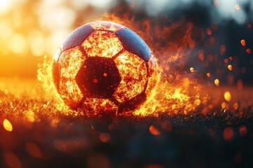 A fiery soccer ball ignites on the field during sunset, creating an intense visual spectacle