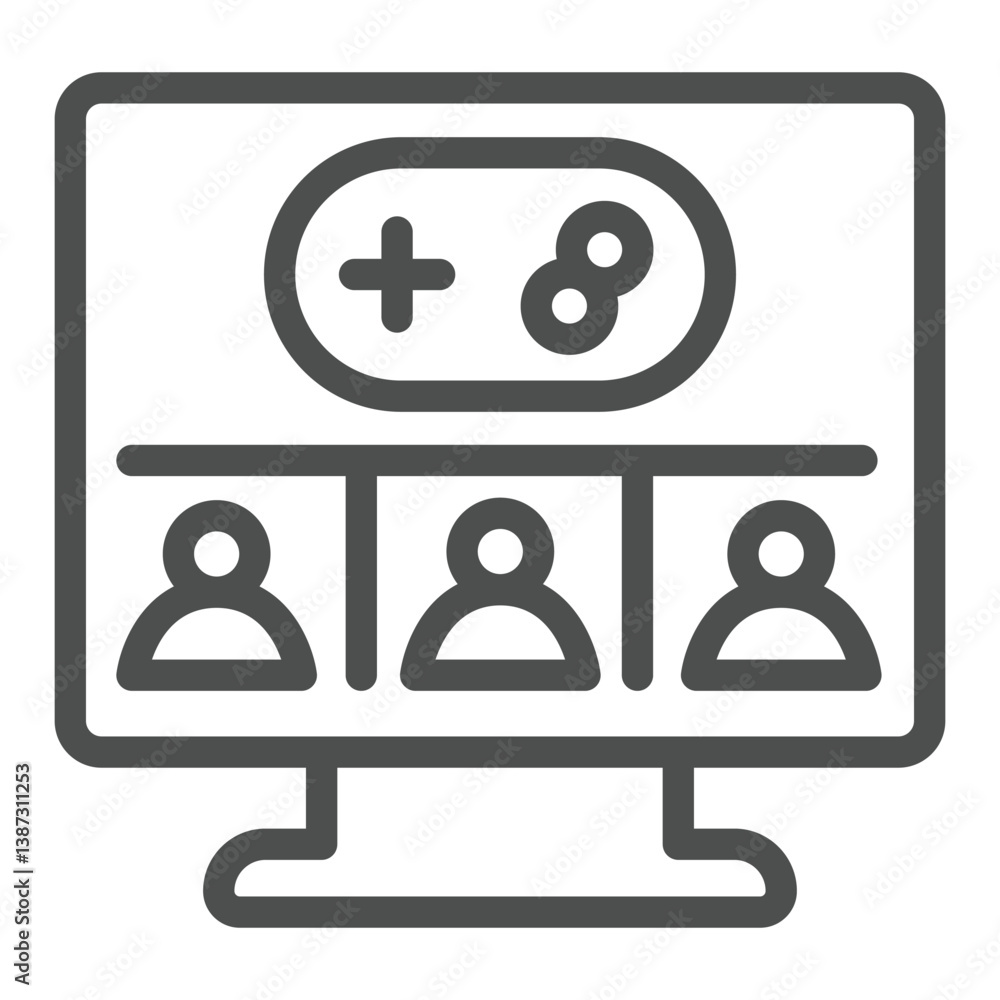 Poster monitor with users and joystick line icon, gaming concept. vector graphics. display with multiplayer