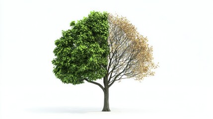 A tree with two sides: one full of green leaves (happiness), the other dry and lifeless (depression).