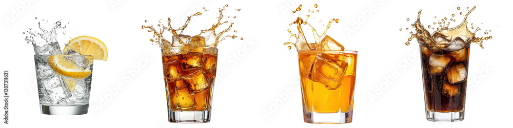 Poster four refreshing iced drinks with lemon and splashing liquid.
