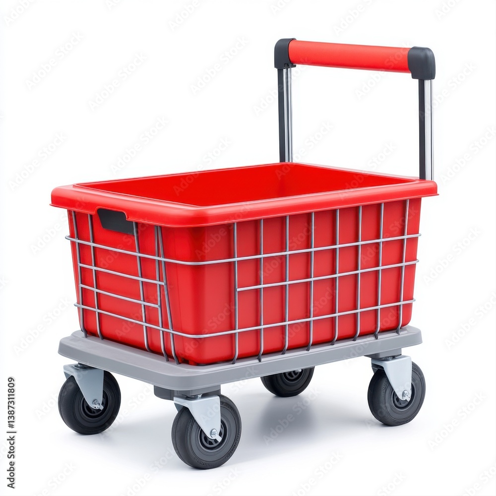 Poster red shopping cart with wheels on gray base for convenient grocery or retail use in modern design set
