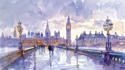 Obraz premium Watercolor painting of London with Big Ben and Westminster.