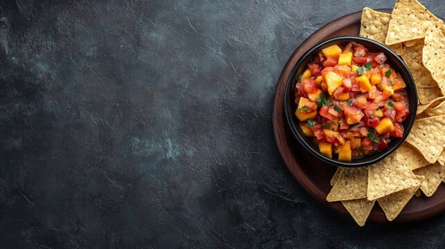 A fresh mango salsa with tortilla chips. Featuring zest and crunch