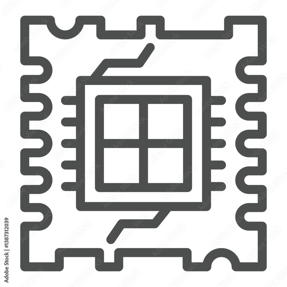 Poster quad core processor chip line icon, microprocessor concept. vector graphics. processor with four cor