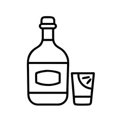 Tequila bottle and shot glass vector icon illustration for bar menu and alcohol drink design, isolated 