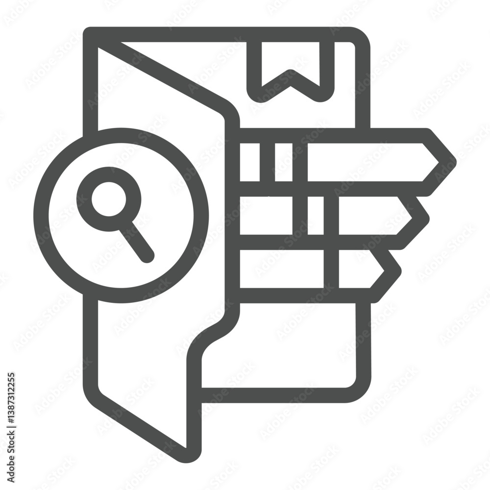 Poster folder with bookmarks and magnifier line icon, neural dataset concept. vector graphics. search data 