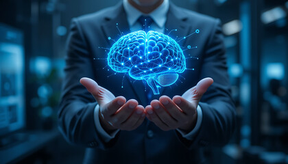 Businessman Holding Glowing Blue Brain Hologram Representing Artificial Intelligence and Innovation

