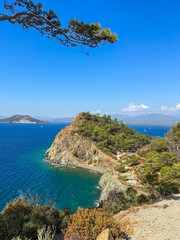 Fototapeta premium coastal landscape, rocky promontory covered in greenery juts into a vibrant blue sea sailboats scatter the water, framed by blue skies