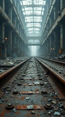 Obraz premium Abandoned industrial railway interior with fog and decay in empty warehouse