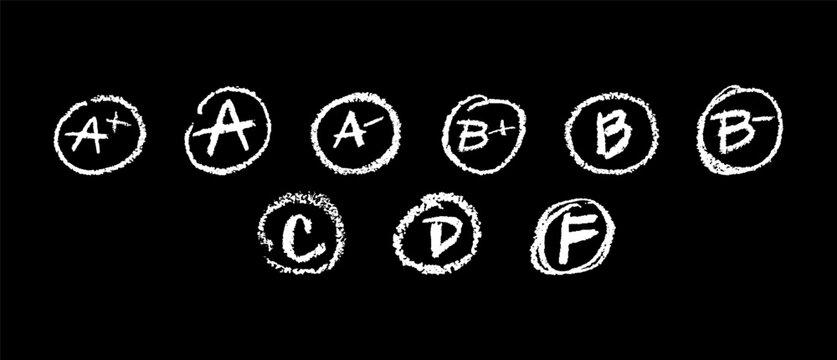 School grades (A to F) drawn with white crayon, chalk or pastel texture on blackboard. Hand-drawn red marks in rough circles, resembling teacher's grading on student assignments. Vector illustration