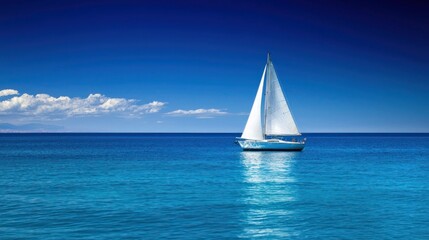 Obraz premium A white sailboat gliding across a deep blue ocean.