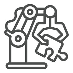 Robotic arm with piece of jigsaw puzzle line icon, training concept. Vector graphics. Training robotic arm with puzzle, game sign on white background, outline style icon for mobile or web design.