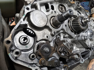 A motorcycle engine that highlights its intricate and complex mechanical components in detail
