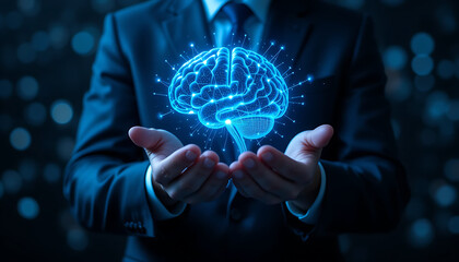 Businessman Holding Glowing Blue Brain Hologram Representing Artificial Intelligence and Innovation

