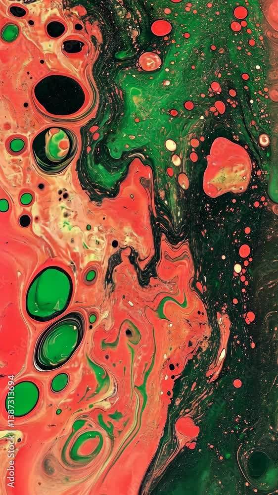Poster vibrant abstract art with red, green, and black swirls created using pouring technique in a well-lit