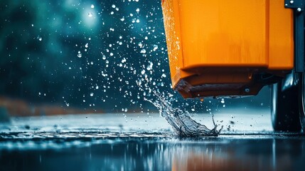 Dramatic water splash from an orange container in a heavy rain shower on wet pavement.