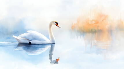 Fototapeta premium serene white swan glides gracefully across calm lake, reflecting its beauty in tranquil water, surrounded by soft hues of orange and blue