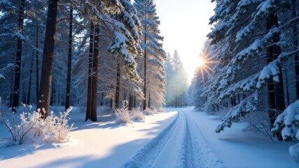 Snowy forest path illuminated by bright sunlight through the trees