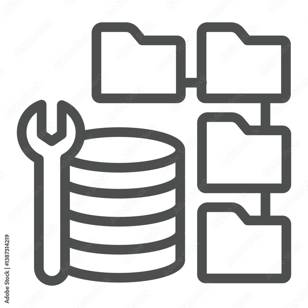 Aufkleber Wrench and array with folders line icon, database concept. Vector graphics. Developer data storage, repair sign on white background, outline style icon for mobile or web design.