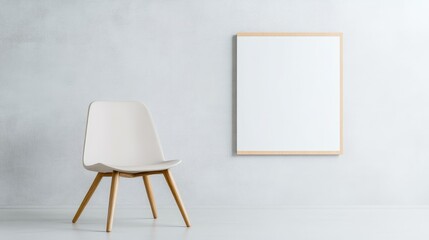Minimalist room setting with chair and blank canvas