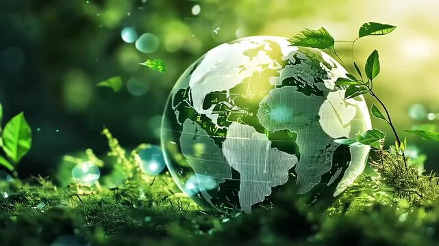 Lush green environment featuring a globe symbolizing sustainability and nature's harmony