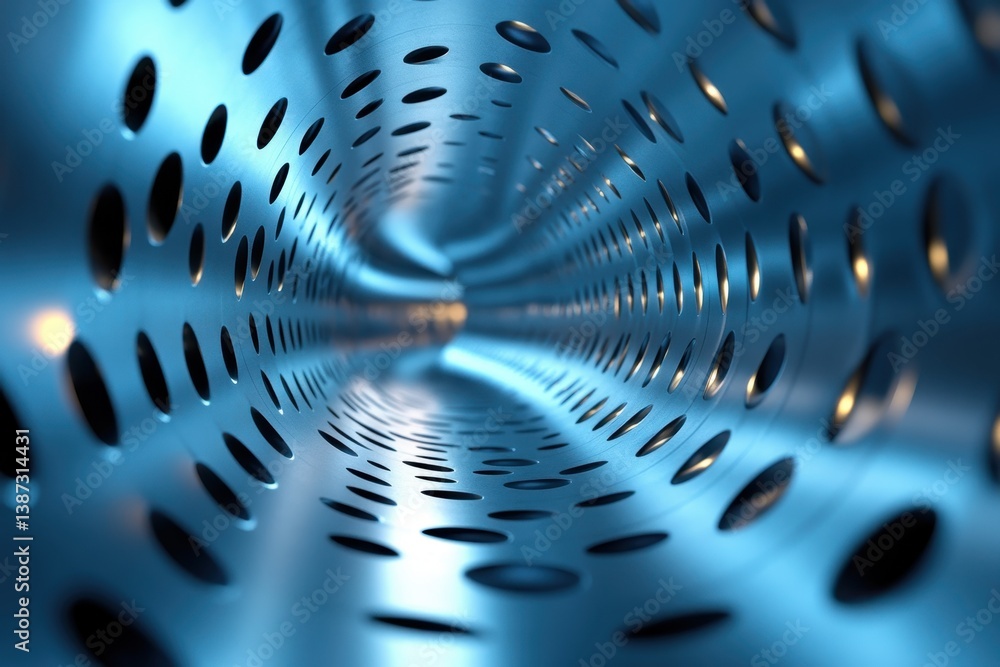 Poster a close-up view of a metallic tunnel showcasing intricate perforated design and reflections