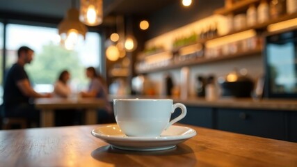 Fototapeta premium White coffee cup on table in cafe with people in background