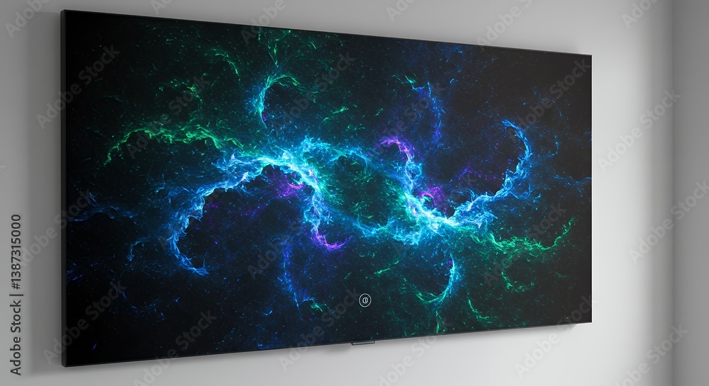 Poster modern television displaying colorful abstract nebula artwork mounted on a wall showcasing advanced 