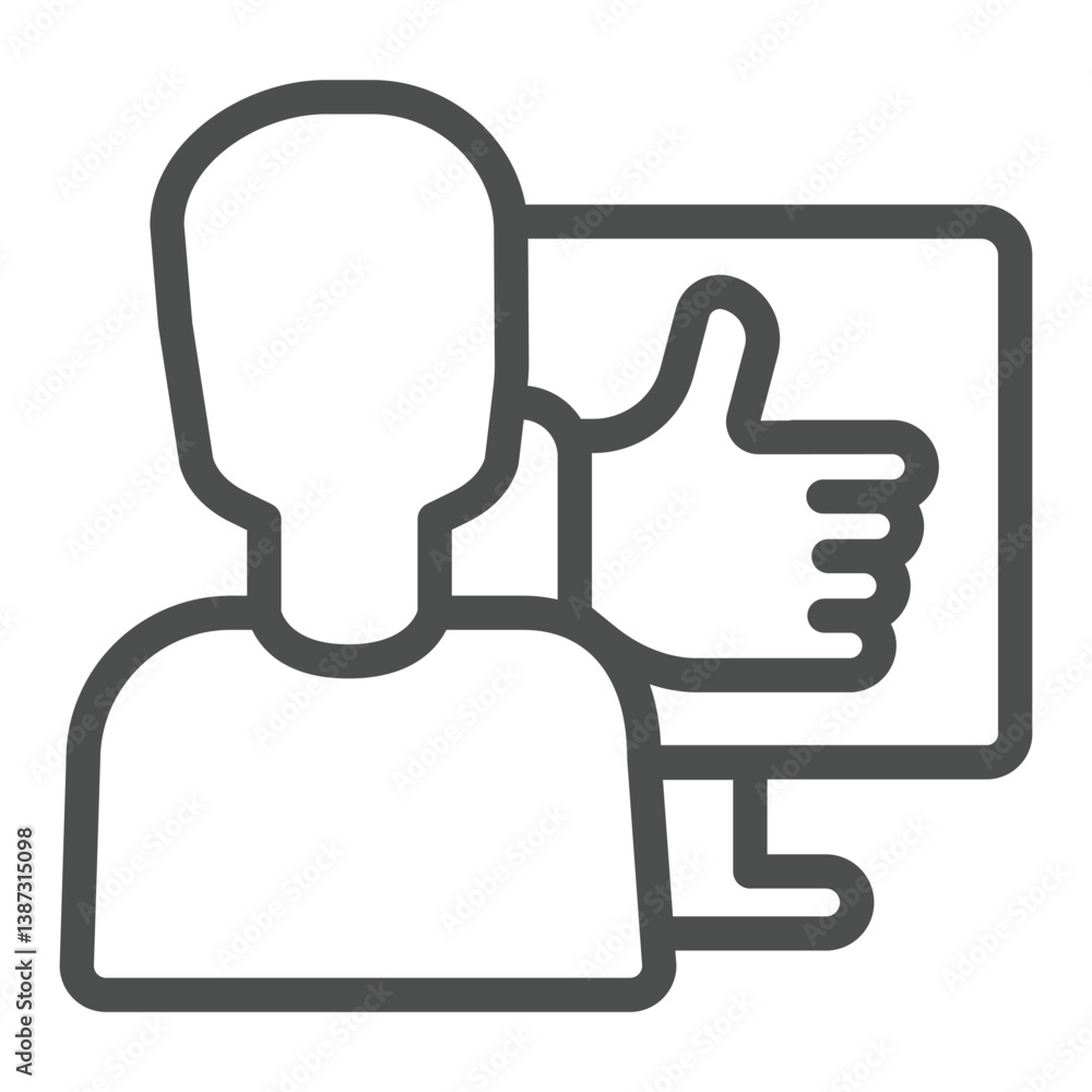 Aufkleber man and monitor with thumb up like hand line icon, cookies data concept. vector graphics. user liken