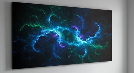 Modern television displaying colorful abstract nebula artwork mounted on a wall showcasing advanced display technology and contemporary interior design
