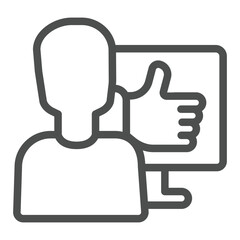 Obraz premium Man and monitor with thumb up like hand line icon, cookies data concept. Vector graphics. User likeness, feedback sign on white background, outline style icon for mobile or web design.