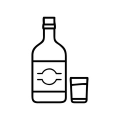 Outline drawing of liquor bottle and shot glass for bar menu or alcohol product advertising design