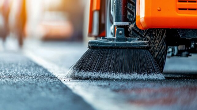 A street sweeper with its rotating brush, cleaning the road's surface in the city.