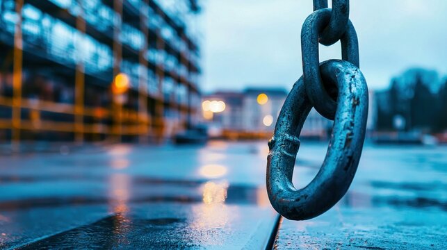 A metal chain link hangs prominently, its form contrasted with a blurred city scene in the background.