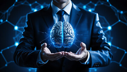 Businessman Holding Glowing Blue Brain Hologram Representing Artificial Intelligence and Innovation

