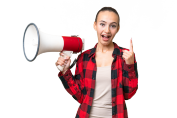 Young Arab woman over isolated background holding a megaphone and pointing up a great idea