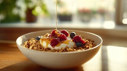 A fresh smoothie bowl with granola, berries, and honey. Featuring vitality and energy