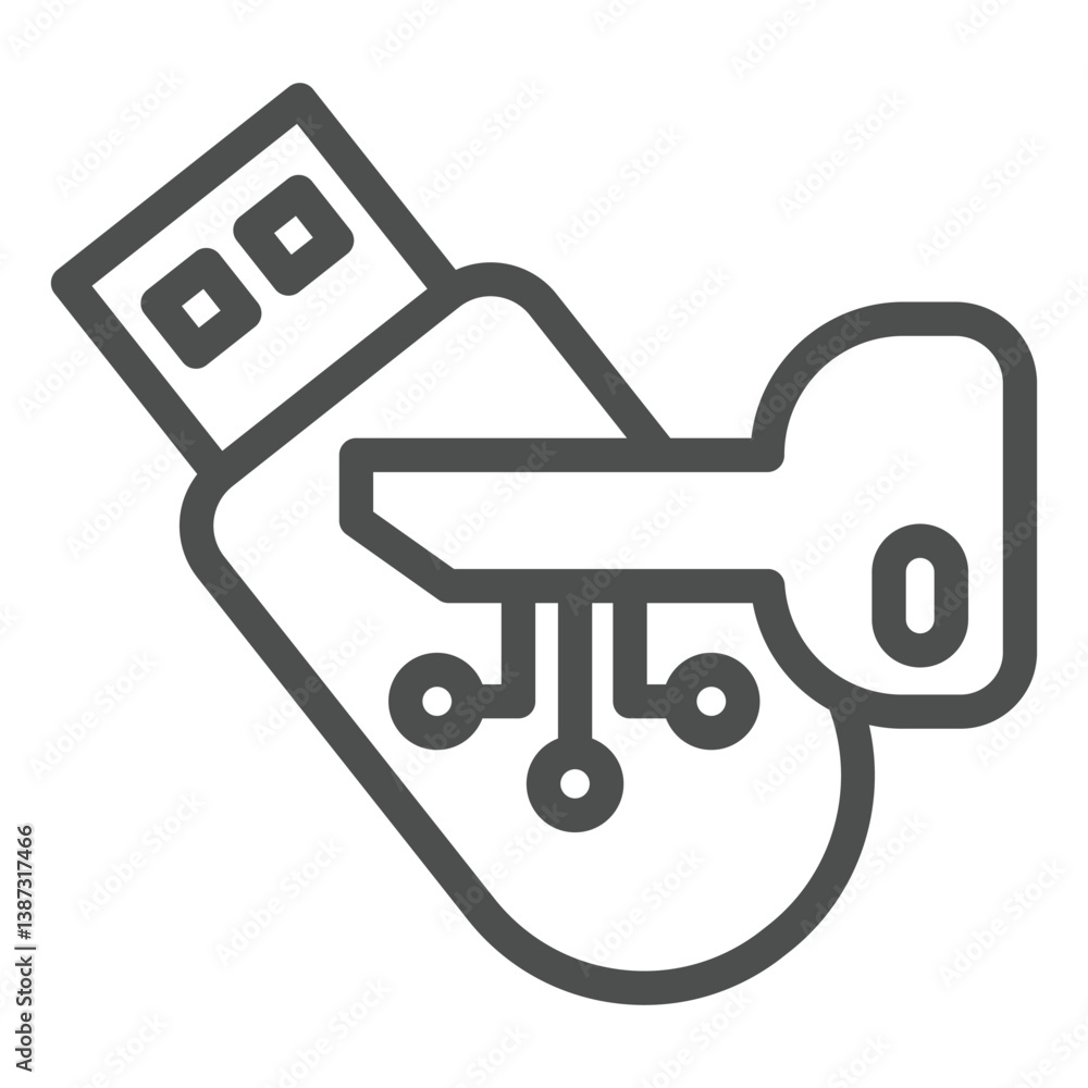 Poster key and flash drive line icon, secure network concept. vector graphics. encrypted system access key,