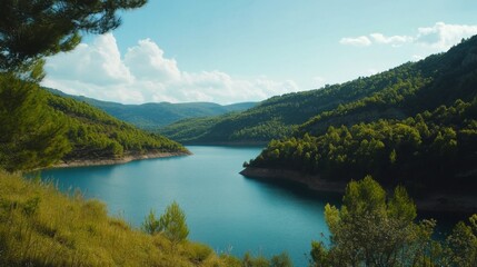 Obraz premium Serene Landscape View of Calm Lake Surrounded by Lush Green Hills