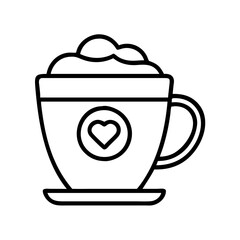 Outline drawing of a coffee cup with foam and heart design for cafe menu and valentine's day icon